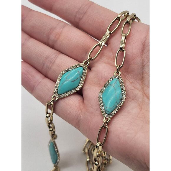 LAUREN RALPH LAUREN Long Gold Tone Faux Turquoise & Crystal Chain Necklace - Picture 4 of 9